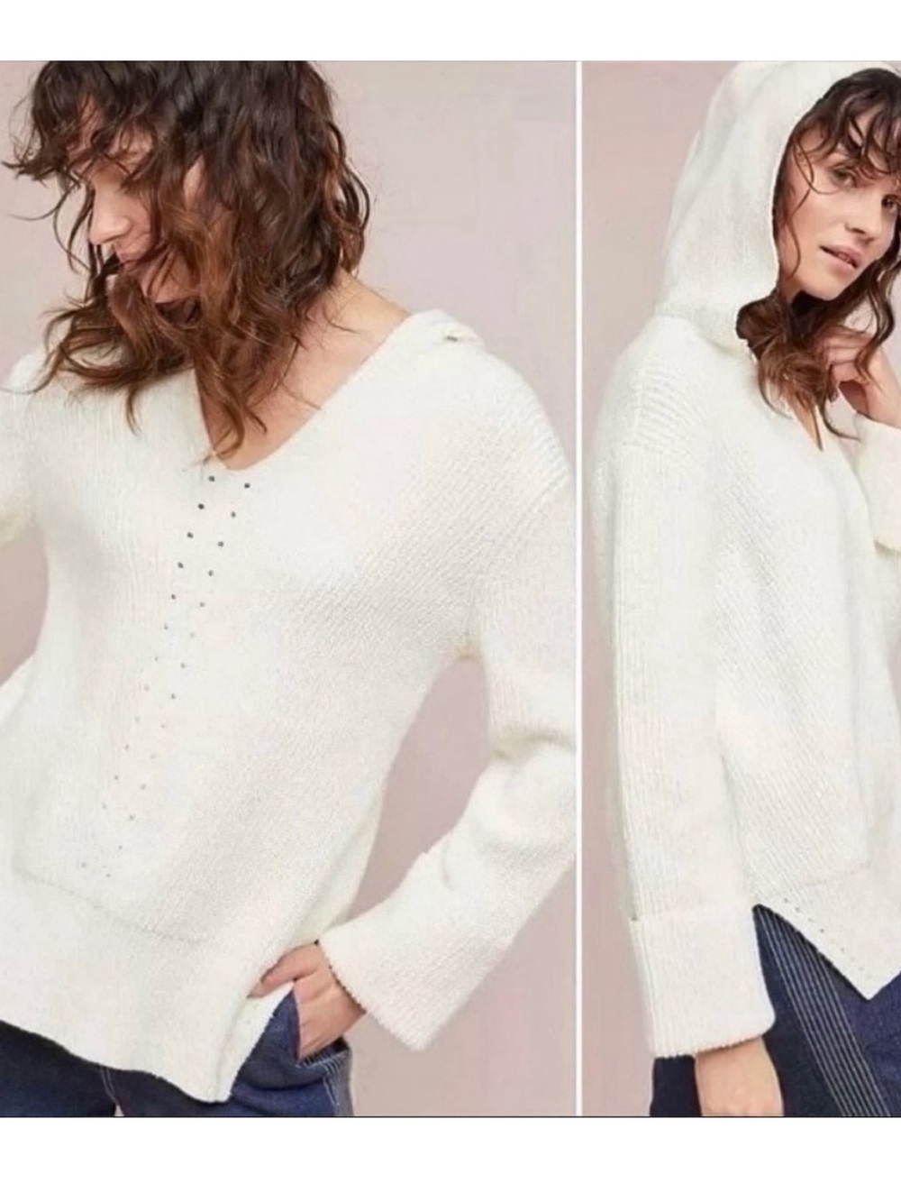 Anthropologie Soft Knit White Hooded Oversized Sweater- size Small